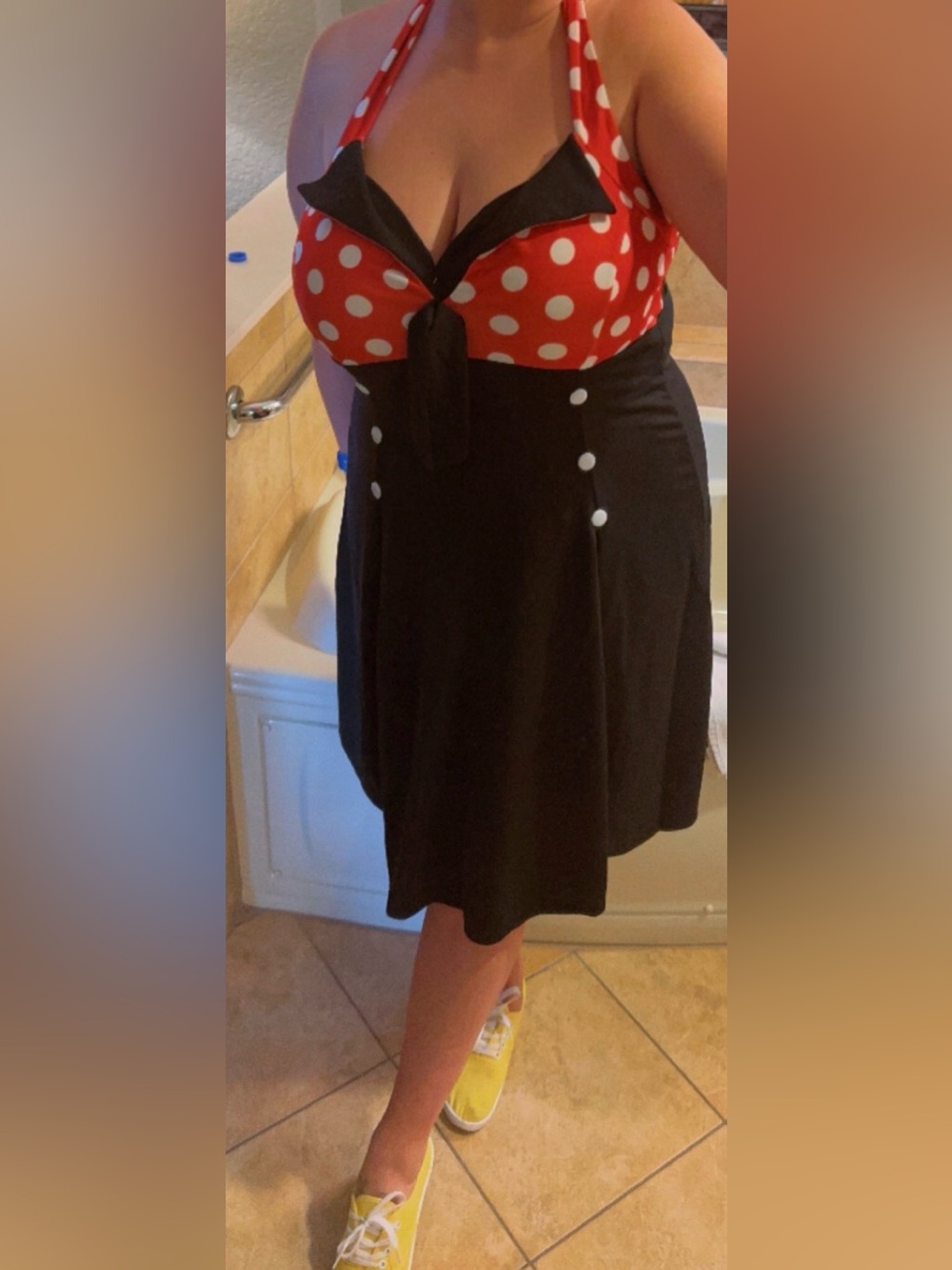 Black Minnie Mouse Inspired High-Waist A-Line Halter Dress with Button Detail